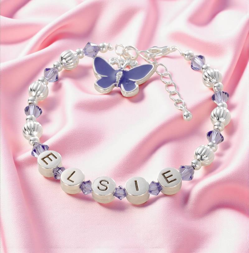 Personalisierte Mädchen Armband Mit Tansanit Kristallen & Schmetterling. Namensarmband Für Kinder von Jewels4girls