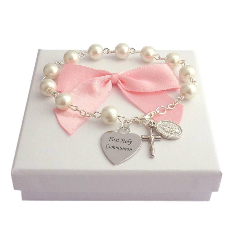 Personalisierte Perlen Rosenkranz Armband Mit Graviert Herz Charm, Rosa Oder Weiß. Geschenk Für Einen Ersten Heiligen Kommuniontag Mädchen von Jewels4girls