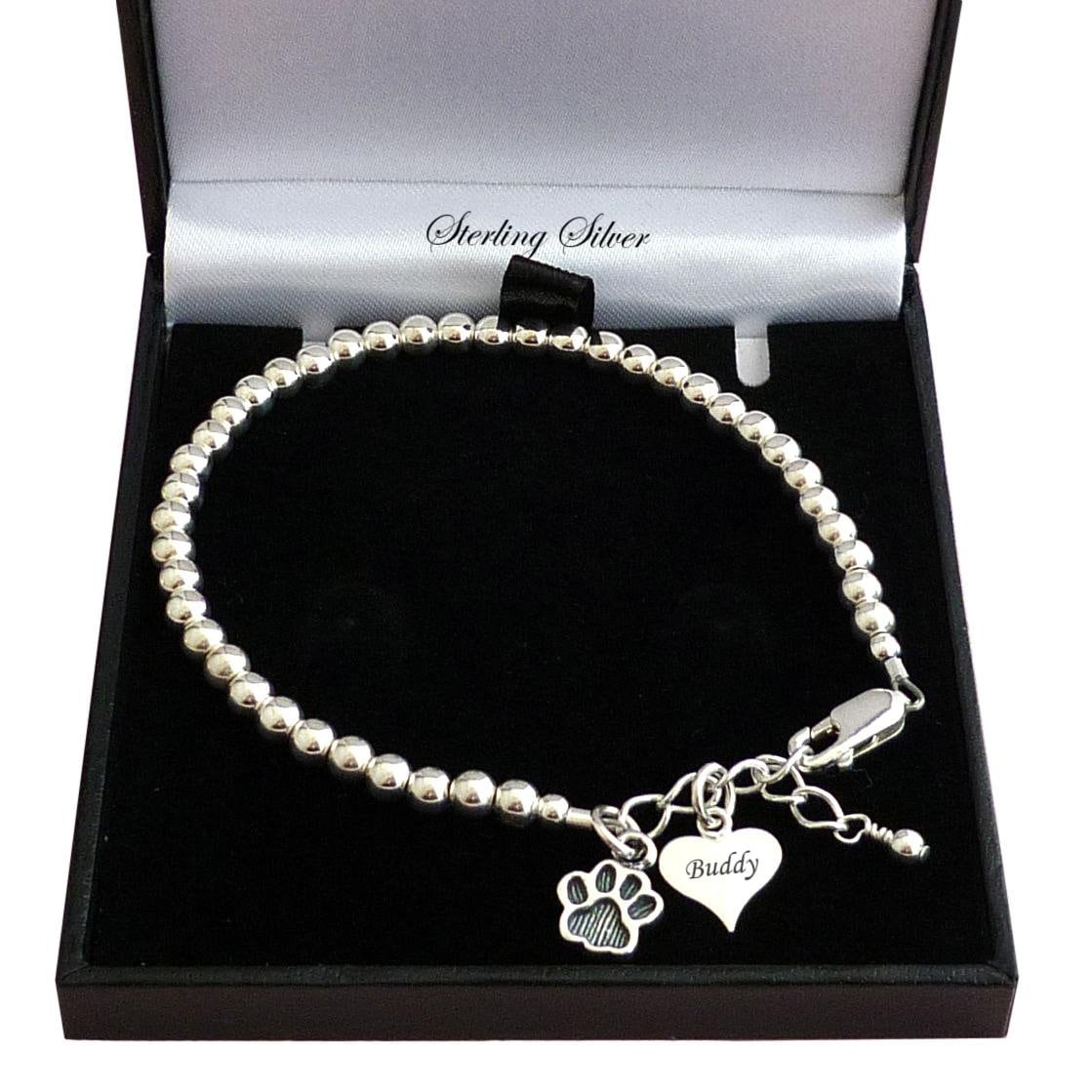 Personalisierte Sterling Silber Haustier Name Armband Mit Jedem Namen Eingraviert Auf Herz Paw Charm von Jewels4girls