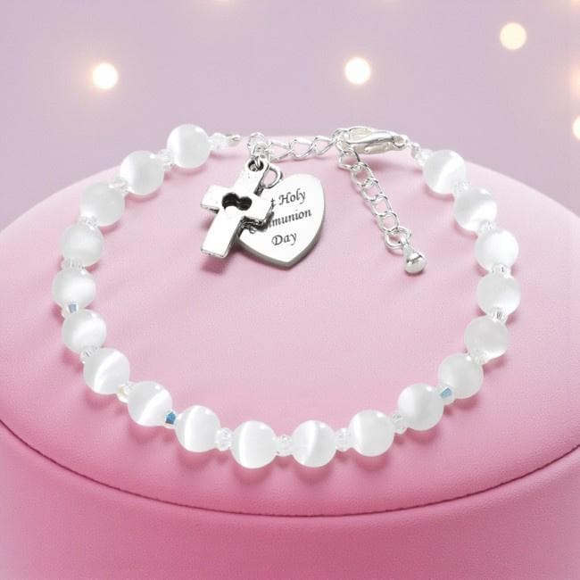 Personalisiertes Armband Für Den Ersten Heiligen Kommuniontag Mit Gravierten Herz - Und Kreuzanhängern. Größenverstellbar. Taufe Oder Taufe von Jewels4girls