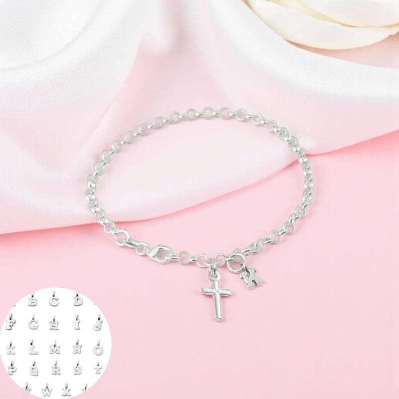 Personalisiertes Erstkommunion Bettelarmband Mit Einem Kreuz Und Initial Charm. Sterling Silber Rolo, Erbskette, Mädchen Oder Frauen von Jewels4girls