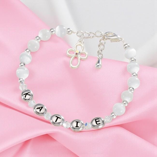 Personalisiertes Heiliges Kommunion Armband Für Mädchen. Namensarmband Zur Erstkommunion. Weisse Perlen, Kreuz Charm Mit Kristall. Geschenk von Jewels4girls