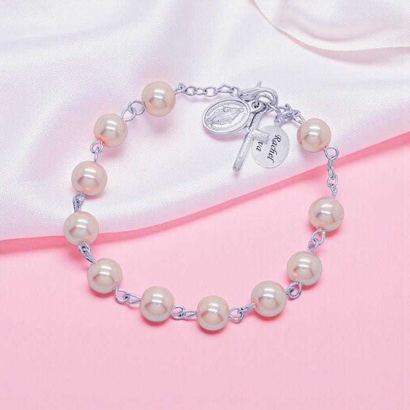 Rosa Personalisierte Perle Rosenkranz Armband Mit Graviertem 925 Sterling Silber Tag. Single Dekade Armband. Gebetskette. Katholisch von Jewels4girls