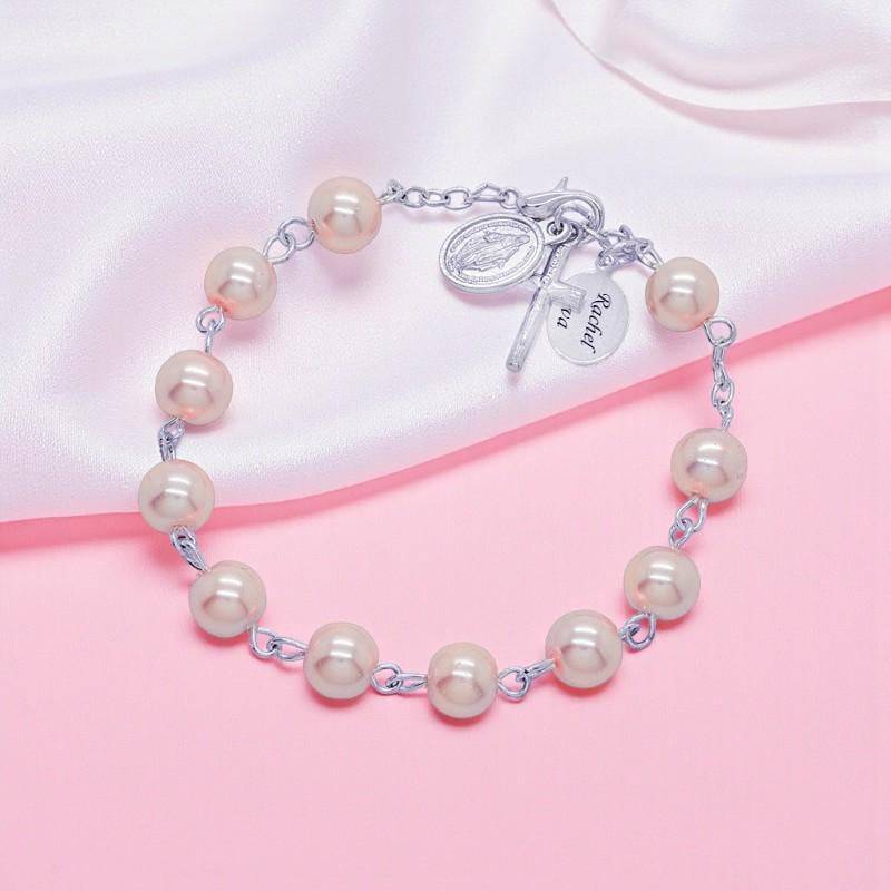 Rosa Personalisierte Perle Rosenkranz Armband Mit Graviertem 925 Sterling Silber Tag. Single Dekade Armband. Gebetskette. Katholisch von Jewels4girls