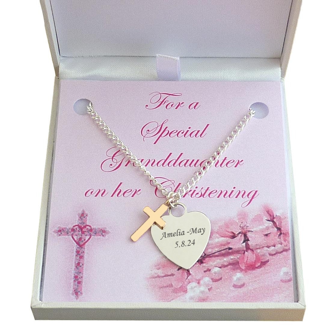 Rosegold Kreuz Mit Personalisiertem Graviertem Herz-Halsketten-Tauf-Tagesgeschenk Kartenhalter Für Patentochter, Tochter, Enkelin Usw von Jewels4girls