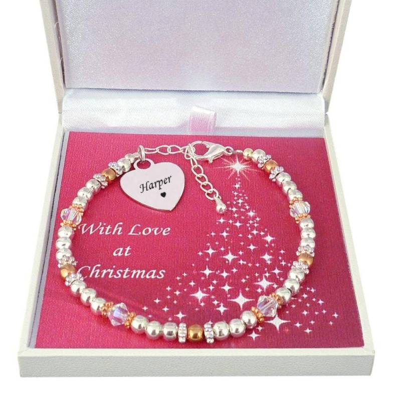Silber Und Roségold Töne Perlen Gravur Armband Für Weihnachten. Größen Damen Mädchen. Personalisiertes Weihnachtsgeschenk von Jewels4girls