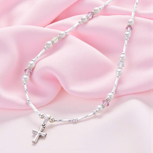 Sehr Schöne Taufkette Für Mädchen Mit Sterling Silber Kreuz Anhänger, Perlen Und Kristallen in Rosa Weiß. Christliches Geschenk von Jewels4girls