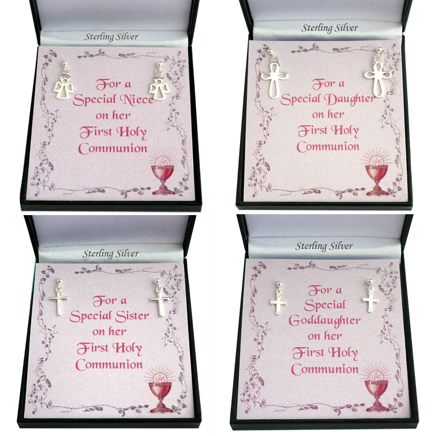sterling Silber Ohrringe Für Den Ersten Heiligen Kommuniontag, Kreuz, Engel, Baumelnde in Geschenkbox Die Erstkommunion Eines Mädchens. Geschenk von Jewels4girls