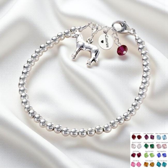 sterling Silber Pferdearmband Mit Gravur Und Geburtsstein, Personalisierter Schmuck Für Pferdeliebhaber. Größen Damen Mädchen von Jewels4girls