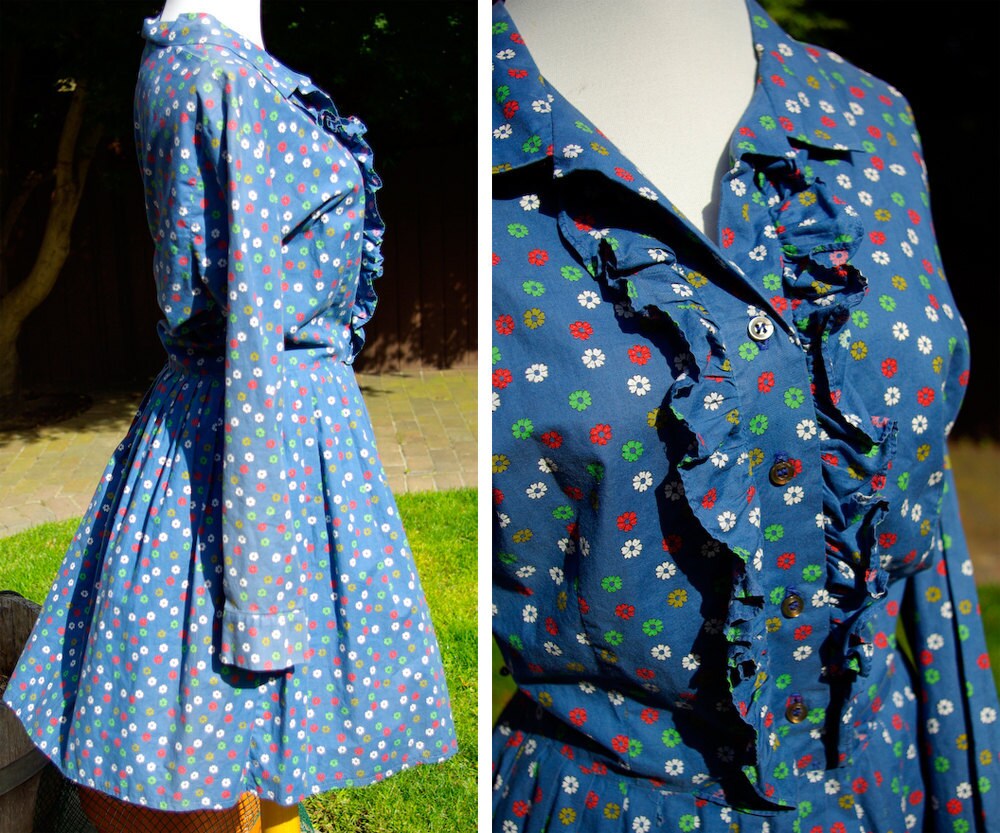 Buntes Daisy 1960's Vintage Kleid Hellblau Geblümt Mit Roten Und Grünen Gänseblümchen // Von Flutterbye Größe Medium Large Buntes Daisy 1960's Vintage Kleid Hellblau Geblümt Mit Roten Und Grünen Gänseblümchen // Von Flutterbye Größe Medium Large von Jewels4pandas