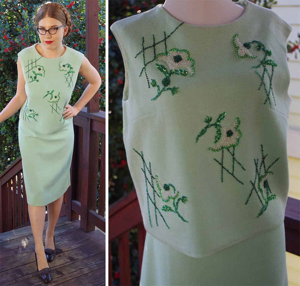 Emerald 1950's 60's Vintage Light Mint Wollanzug Mit Perlenbesetzter Bluse & Rock // Größe Medium Robinson's California Emerald 1950's 60's Vintage Light Mint Wollanzug Mit Perlenbesetzter Bluse & Rock // Größe Medium Robinson's California von Jewels4pandas