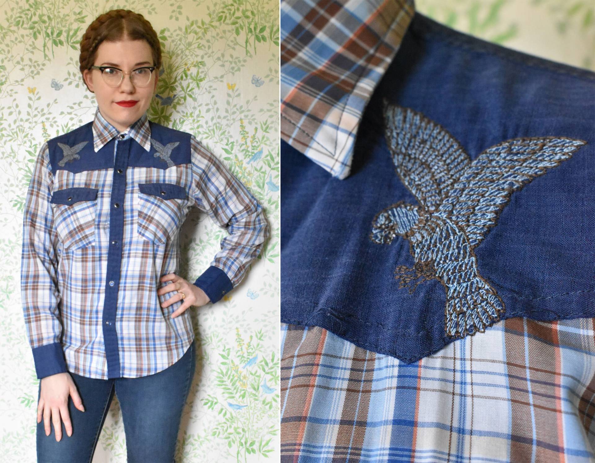 Flying Eagles 1970Er Vintage Navy Blau + Braun Kariertes Cowboyhemd Mit Blauen Perlendruckknöpfen // Von Ravgo Herrengröße S -38 - Damen Medium Flying Eagles 1970Er Vintage Navy Blau + Braun Kariertes Cowboyhemd Mit Blauen Perlendruckknöpfen // Von Ravgo Herrengröße S -38 - Damen Medium von Jewels4pandas