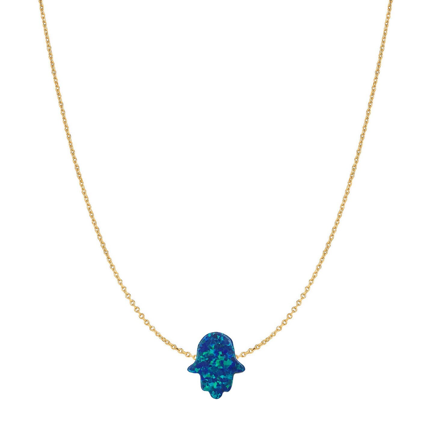 14 Karat Gold 11 X 13 Mm Dunkelblauer Opal Hamsa Hand Halskette 14 Karat Gold 11 X 13 Mm Dunkelblauer Opal Hamsa Hand Halskette von JewelsByElleNYC