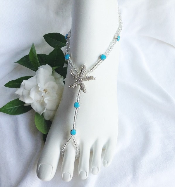 Seestern Mit Türkis Strass Barfuß Sandale, Strand Hochzeiten, Fuß-Schmuck, Hochzeitssuite Barfuss Sandalen, Hochzeit Schmuck von JewelsForYourFeet