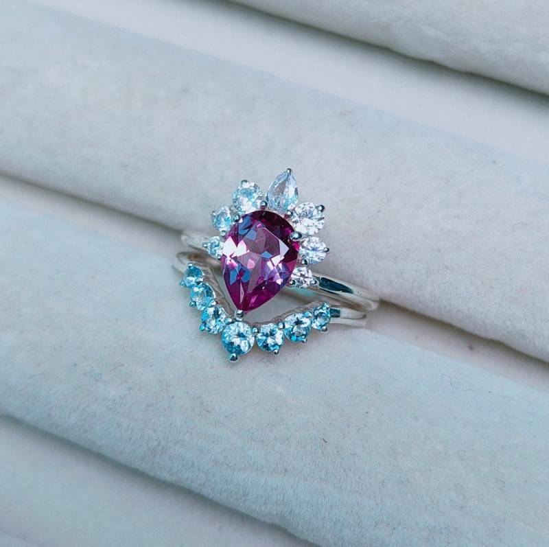 Alexandrit Ring Lab Erstellt Mit Aquamarin Band 925 Sterling Silber Birne Geschnitten Farbe Ändern Steinring von JewelsGalleryArt