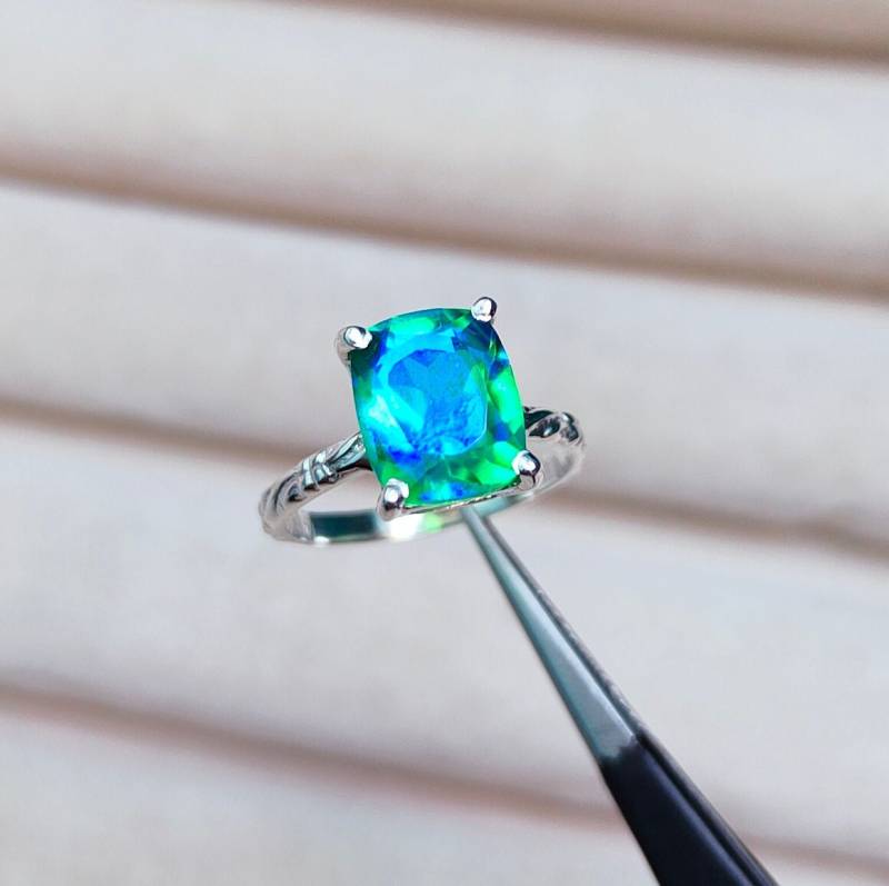 Pfauenquarz Ring, Kissenschliff 925 Sterling Silber Pfau Stein Feuerstein Handgemachter Ring von JewelsGalleryArt