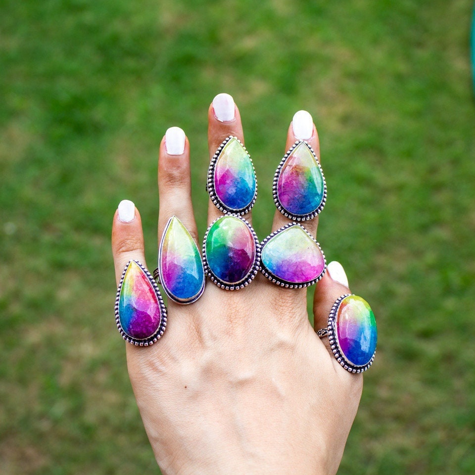 Regenbogen Solar Quarz Druzy Edelstein Ring, Silber Overlay Handgemachter Frauen Hippie Boho Ring von JewelsHandmadeCo