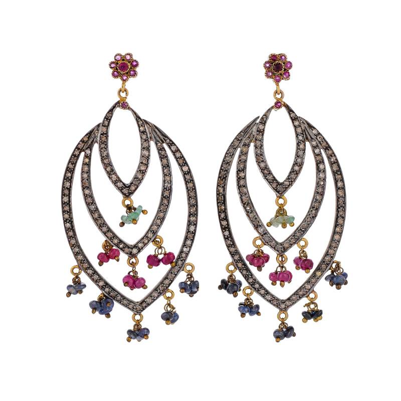 Diamant, Smaragd, Rubin & Saphir Perlen Oxidierter Sterlingsilber-Ohrring von JewelsOfRoyals