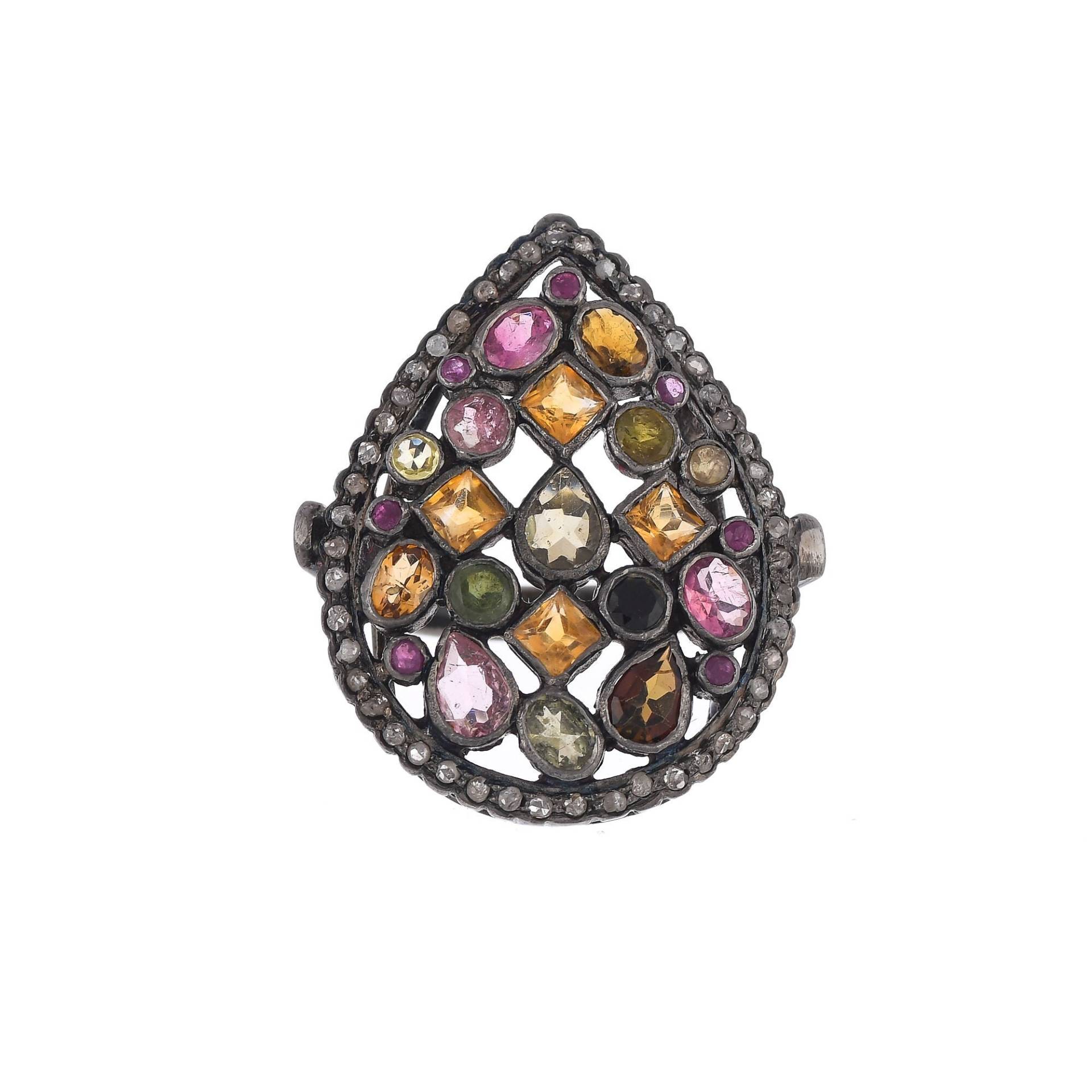 Rose Cut Diamant & Multi Farbiger Turmalin Oxidierter Sterlingsilber-Ring Rose Cut Diamant & Multi Farbiger Turmalin Oxidierter Sterlingsilber-Ring von JewelsOfRoyals