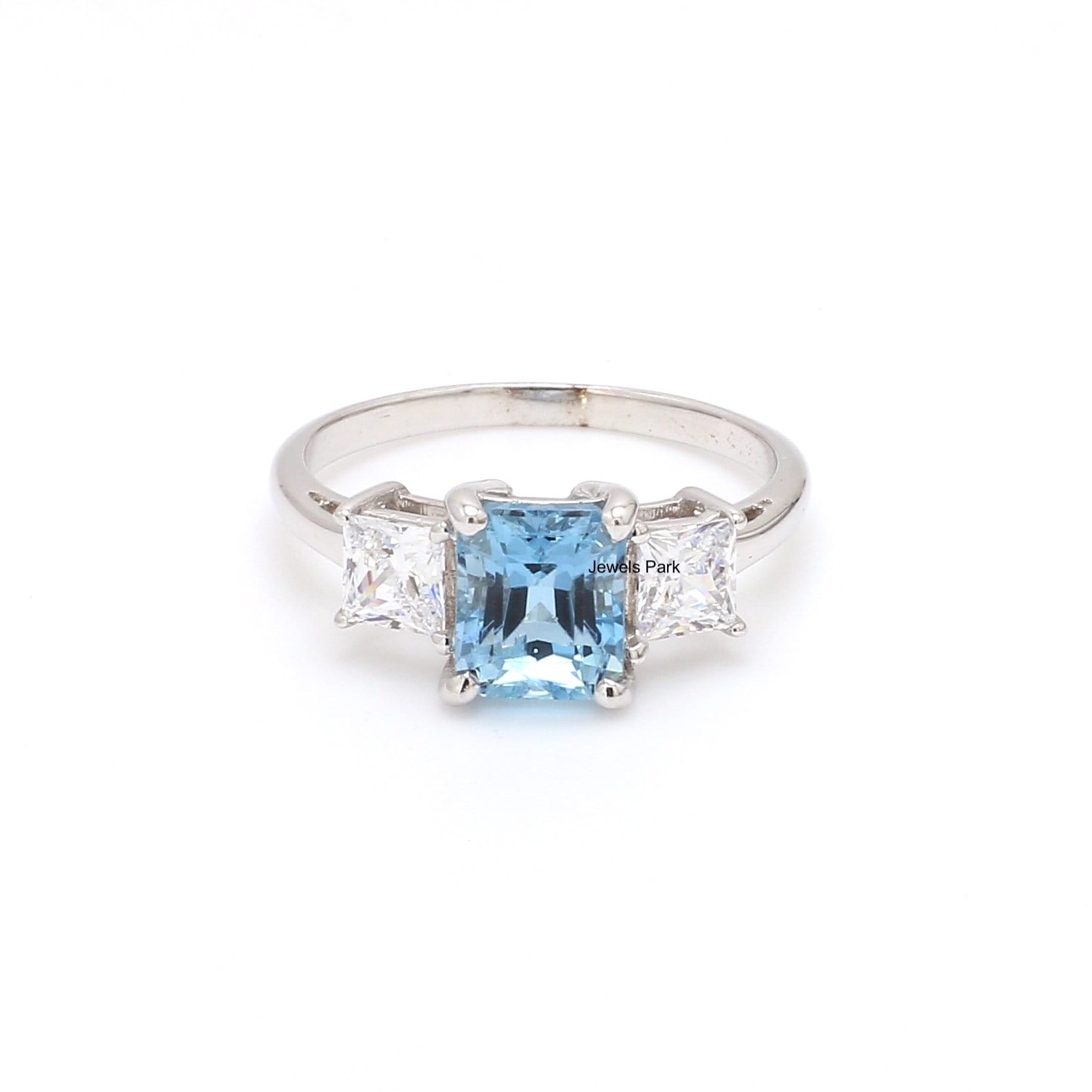 Aquamarin Und Diamant Dreistein Ring Gold | Natürlicher Aquamarinring Im Smaragdschliff Princess Cut Dreisteinring Verlobungsring von JewelsPark