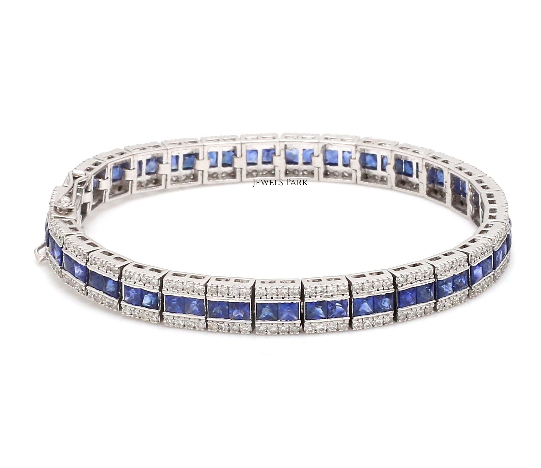 Blaues Saphir Princess Cut Channel Set Tennisarmband Gold | Natürliche 2.50mm Royalblau Blau Armband Vergoldet Geschenkt von JewelsPark