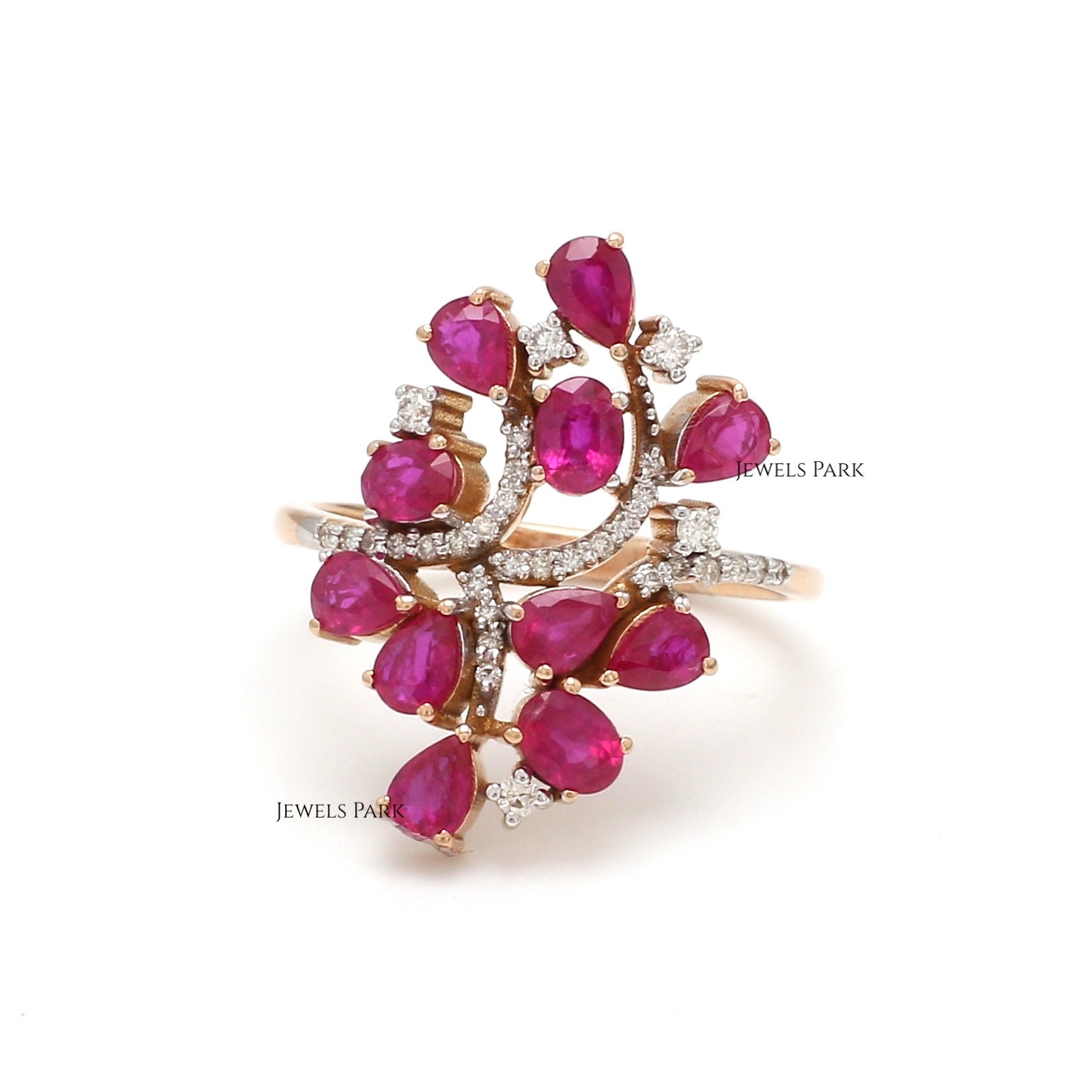 Echter Rubin Und Diamant Blumenmuster Statement Ring Gold | Natürlicher Oval Birnenrubin Cocktailring Gold Floraler von JewelsPark