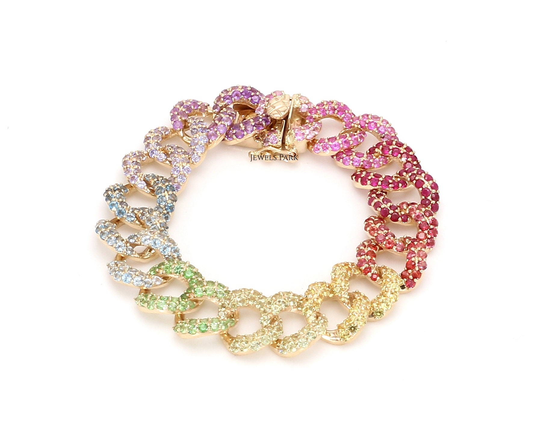 Regenbogen Saphir Cuban Kette Armband Gold | Ombre Miami Kettenarmband Edelstein Panzerkette Gliederkette Gold Farben von JewelsPark