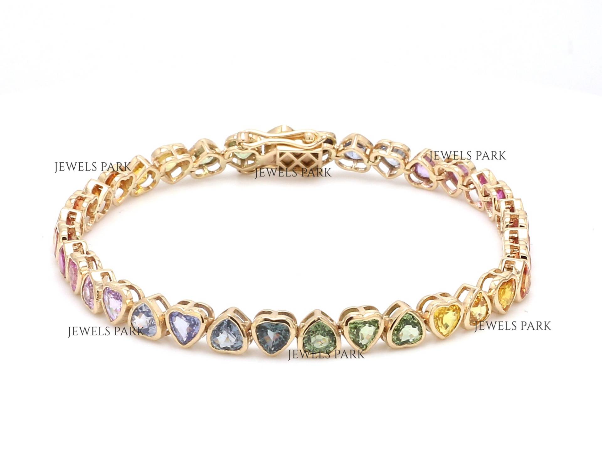 Regenbogen Saphir Herzschlag Tennisarmband in Gold | Natürliche Herzform Lünette Gesetzt Armband Ombre von JewelsPark