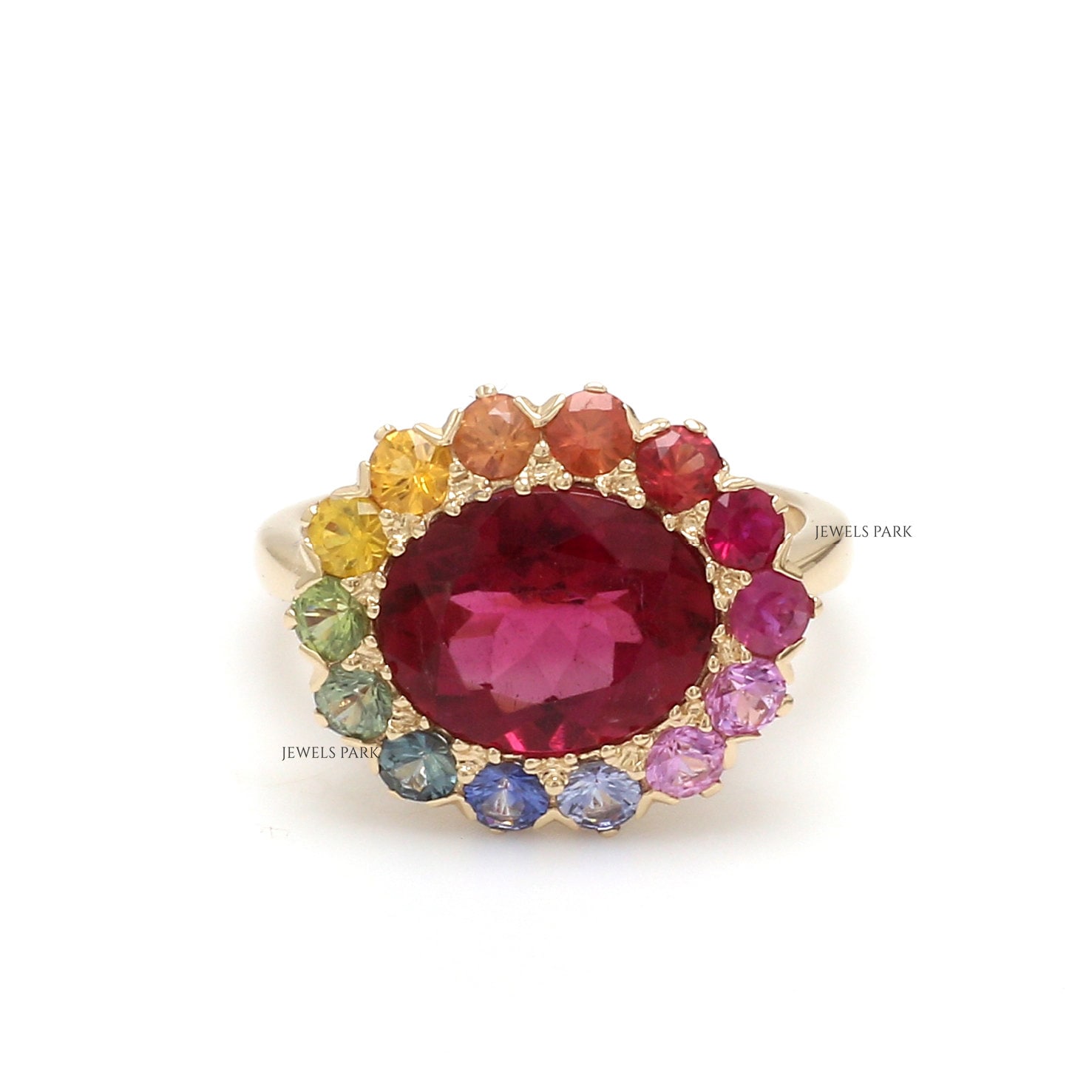 Regenbogen Saphir Pink Turmalin Statement Halo Ring Gold | Natürlicher 8x6mm Ovaler Rubellit Ombre Gold von JewelsPark