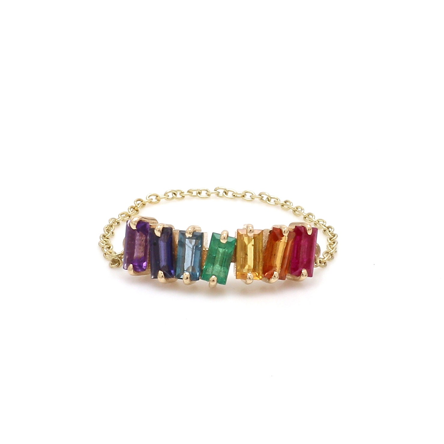 Regenbogen Saphir Smaragd Kette Ring Gold | Natürlicher Rubin Kettenring Ombre Im Baguetteschliff von JewelsPark