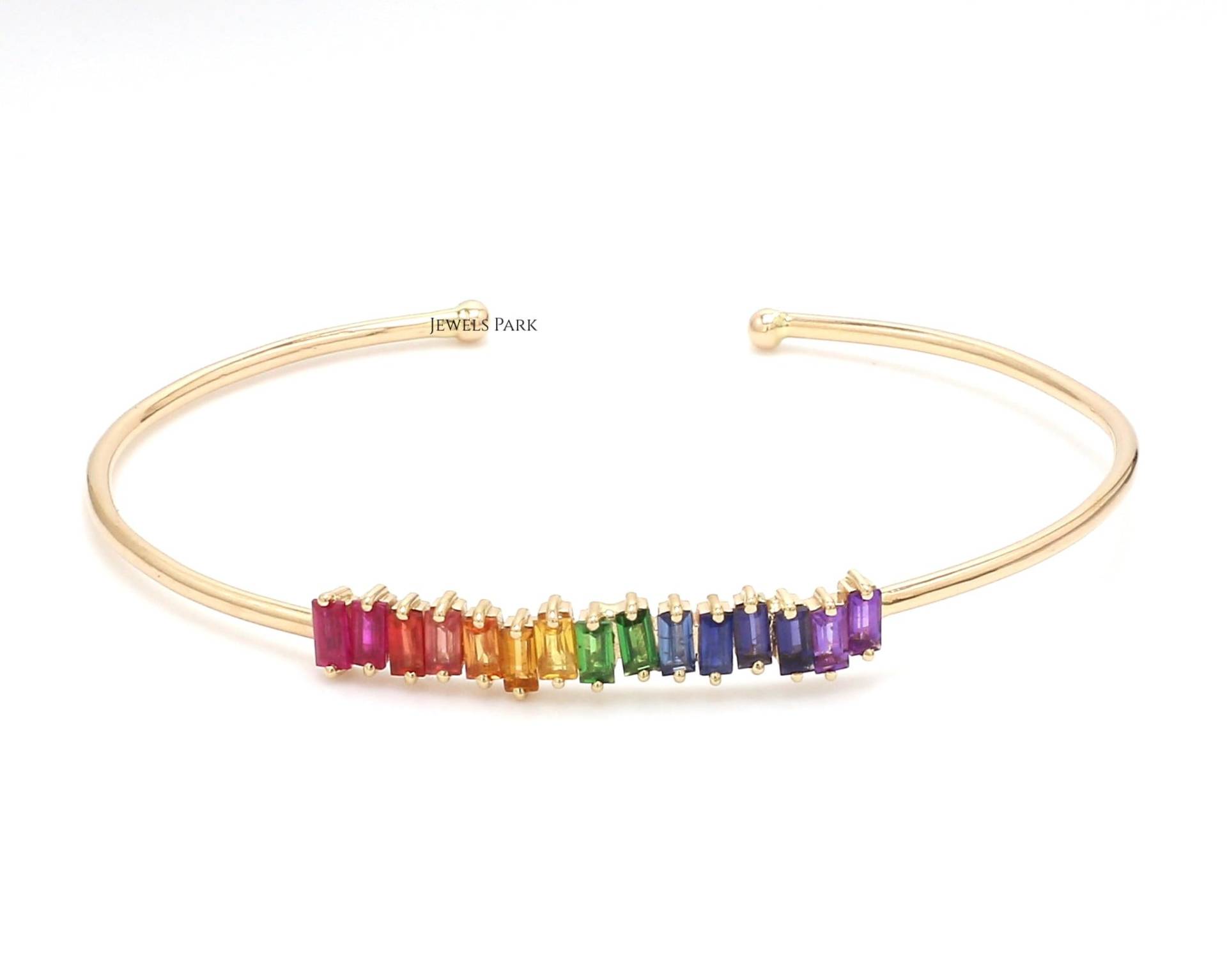 Regenbogen Saphir Smaragd Rubin Baguette Manschette Armband Gold | Natürlicher 4x2mm Edelstein Armreif Gold von JewelsPark