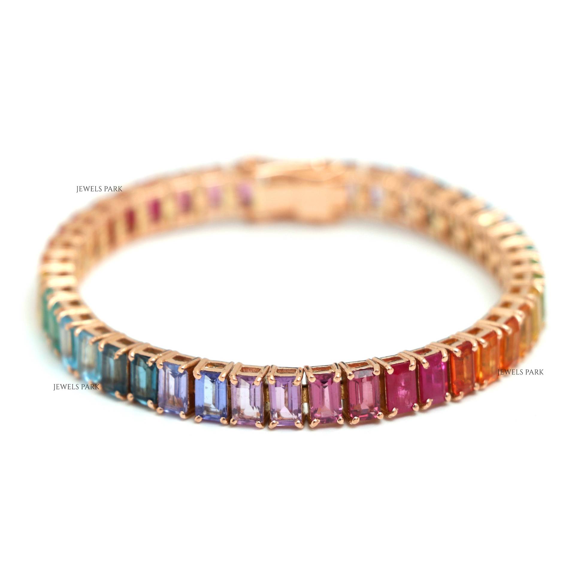 Regenbogen Saphir Smaragd Schnitt Tennisarmband Gold | Natürlicher Edelstein Rubin Armband Ombre In Regenbogen Saphir Smaragd Schnitt Tennisarmband Gold | Natürlicher Edelstein Rubin Armband Ombre In von JewelsPark