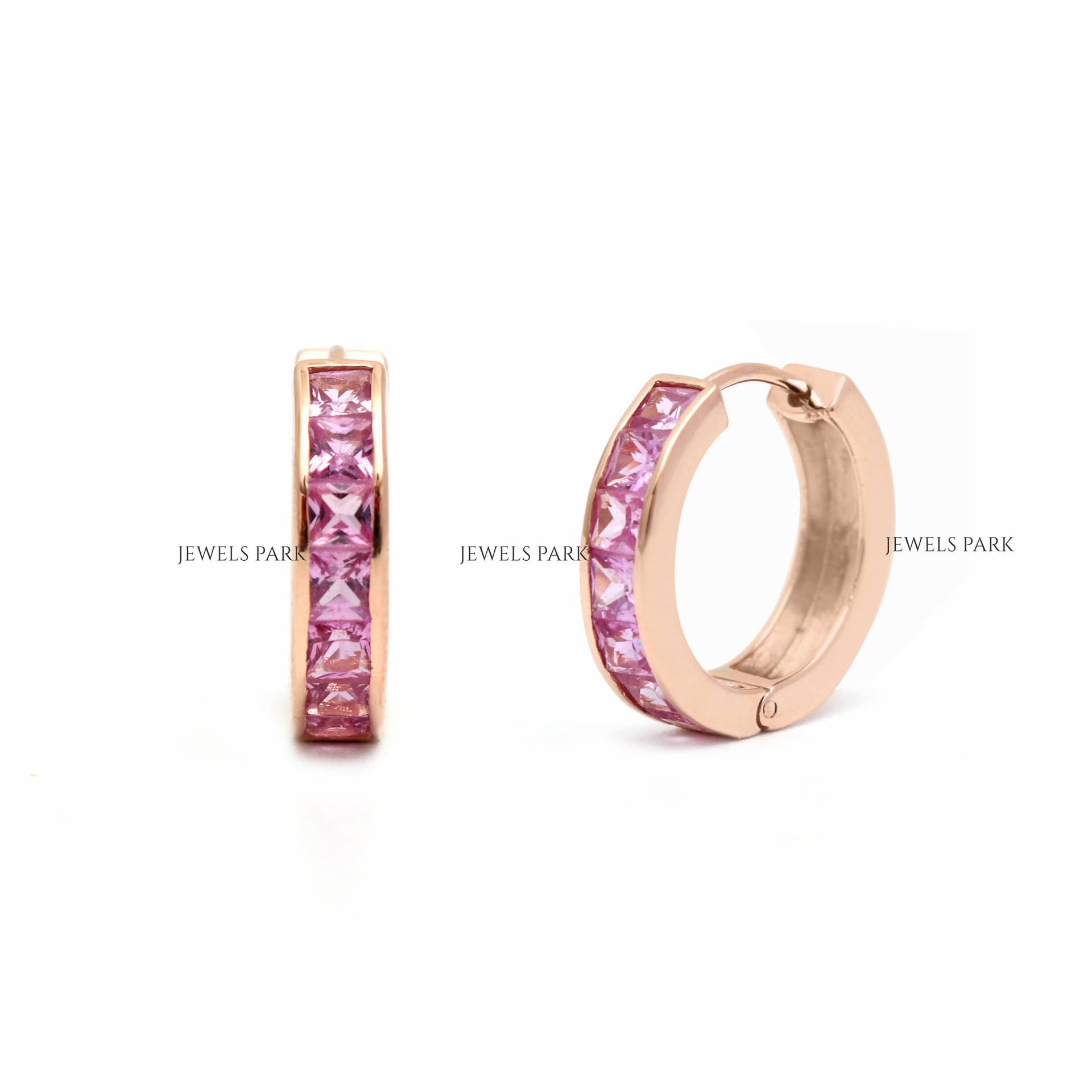 Rosa Saphir Princess Cut Channel Set Huggies Ohrringe Gold | Natürliche 3mm Rosa Kleine Niedliche Pink von JewelsPark