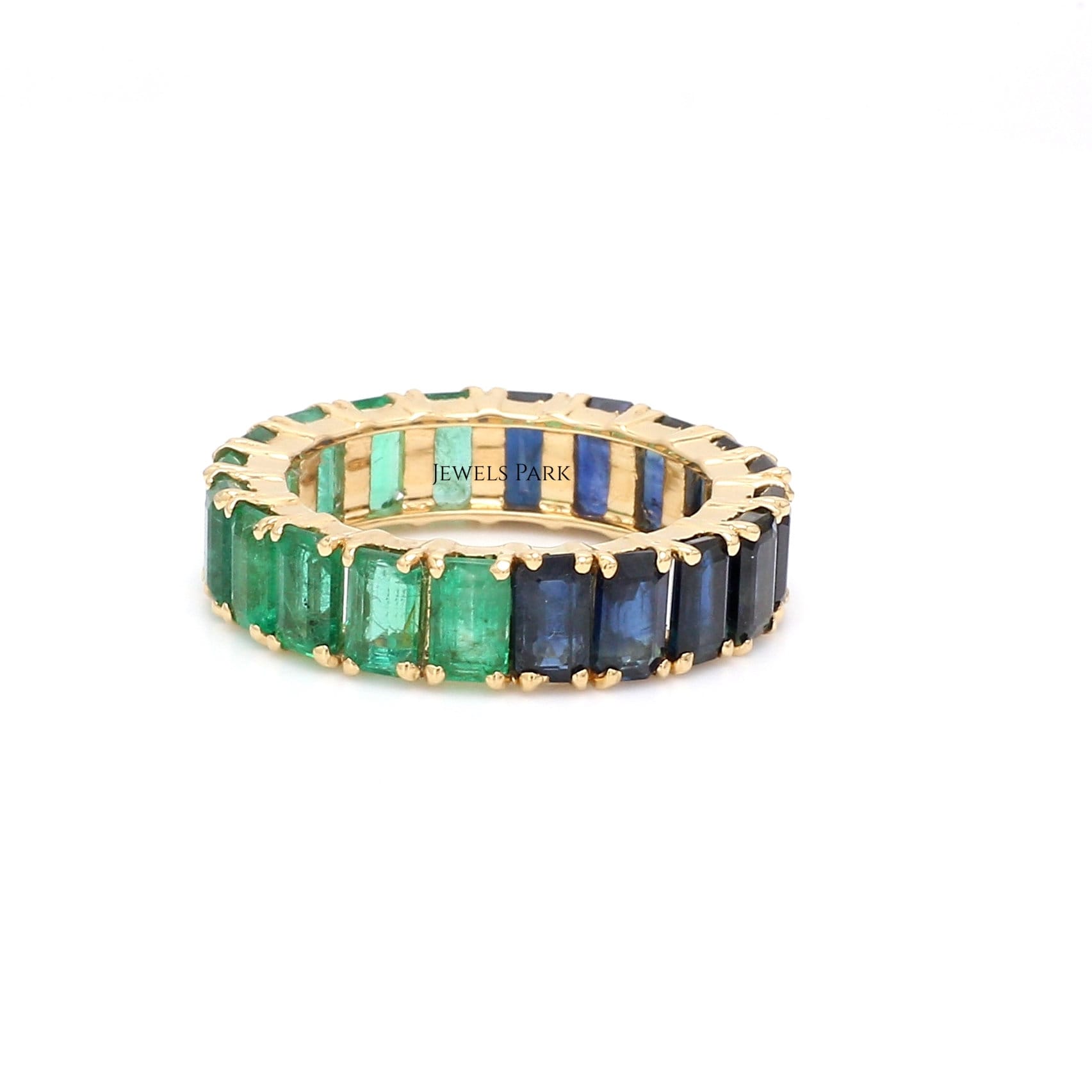 Smaragd Blau Saphir Eternity Bandring Gold | Natürliche 7Ct Smaragdschliff Ring Vergoldet von JewelsPark