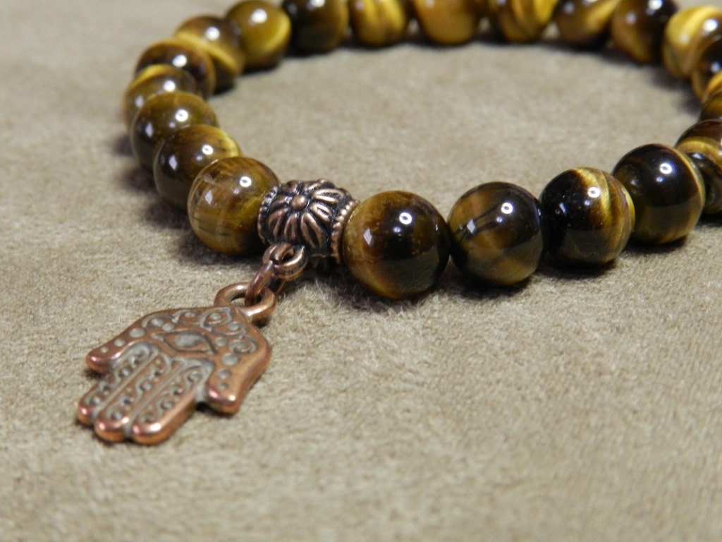 Tiger Eye Stretch Armband Mit Antiken Hamsa Und Phantasie Charme Holder, 8mm Tiger Eye Stretch Armband Mit Antiken Hamsa Und Phantasie Charme Holder, 8mm von JewelsYogaTurtle
