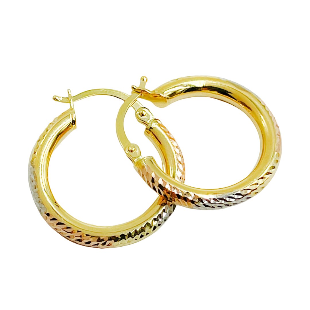 14K Hohl Gold Diamantschliff Tri-Color Hoop. Durchmesser 21mm. Glänzendes Dreifarbiges Design | Gold, Silber & Roségold Solid Schmuck Geschenk. Ger77 von Jewelsandchains