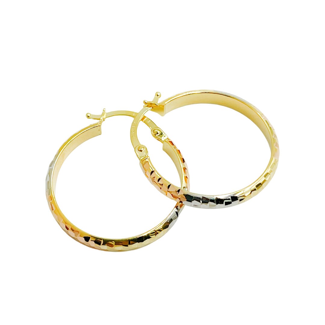 14K Solid Hohl Gold 23mm Hoop Diamant Schnitt Tri-Color, Edel Glänzende Creolen, Großhandel Echte Solid Schmuck Frau Geschenk. Ger79 von Jewelsandchains