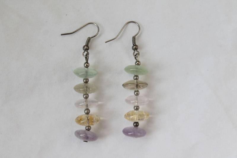 Prehnit Lemon Quarz Rosenquarz Citrin Amethyst Gestapelten Rondelle Tropfen Ohrringe von JewelsbyKitty