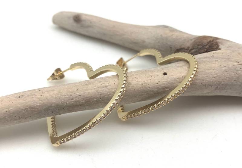Gold Diamant Herz Creolen - Funkelnde Offene Ohrringe Innen Außenseite Glitzernde Fill von JewelsbyMikiNamiki