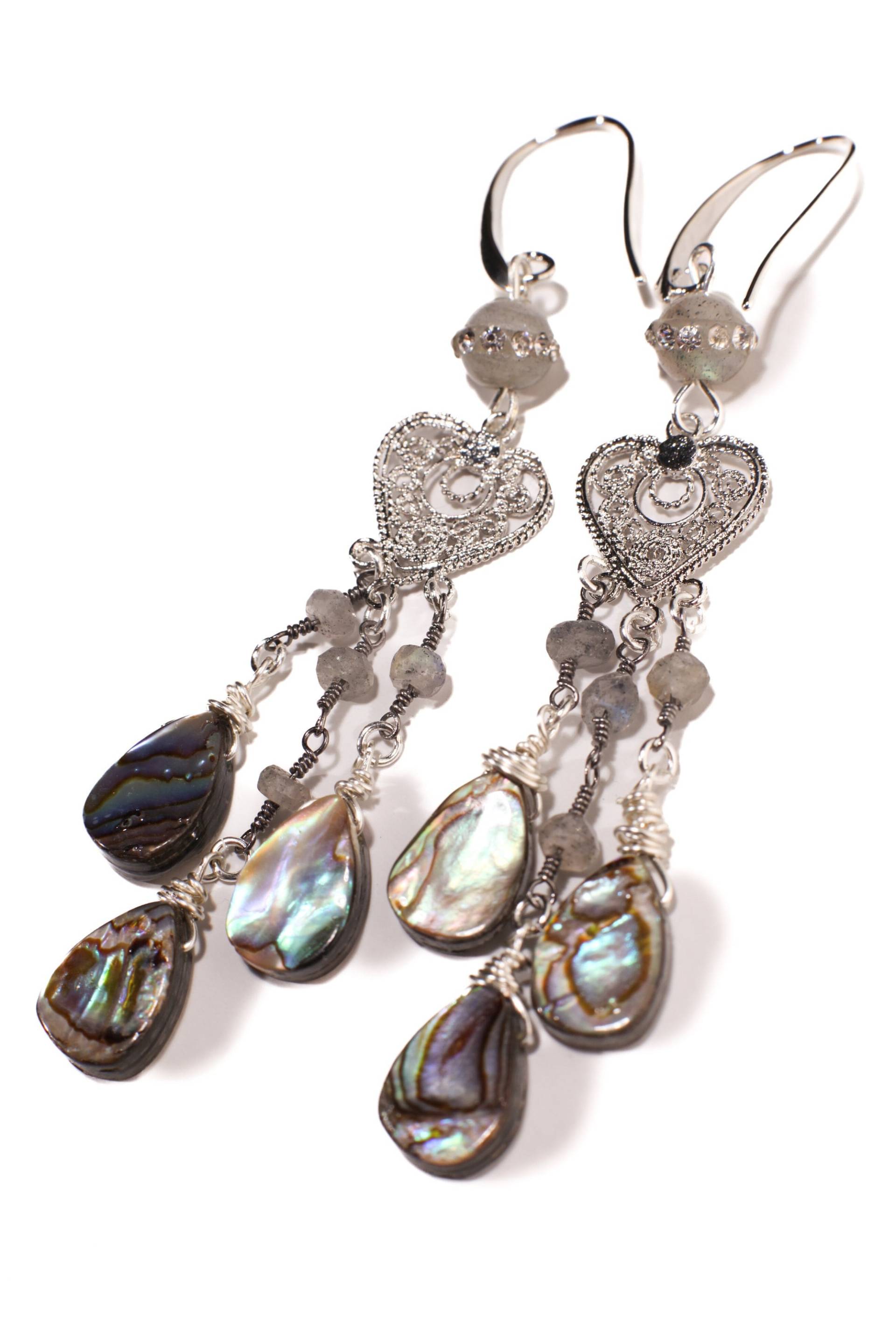 Echte Abalone Teardrop Baumelnde Filigrane Kronleuchter Herz, Facettierte Labradorit Wire Wrapped Silber Ohrringe, Handgemachtes Geschenk Für Sie von JewelsbyOppy