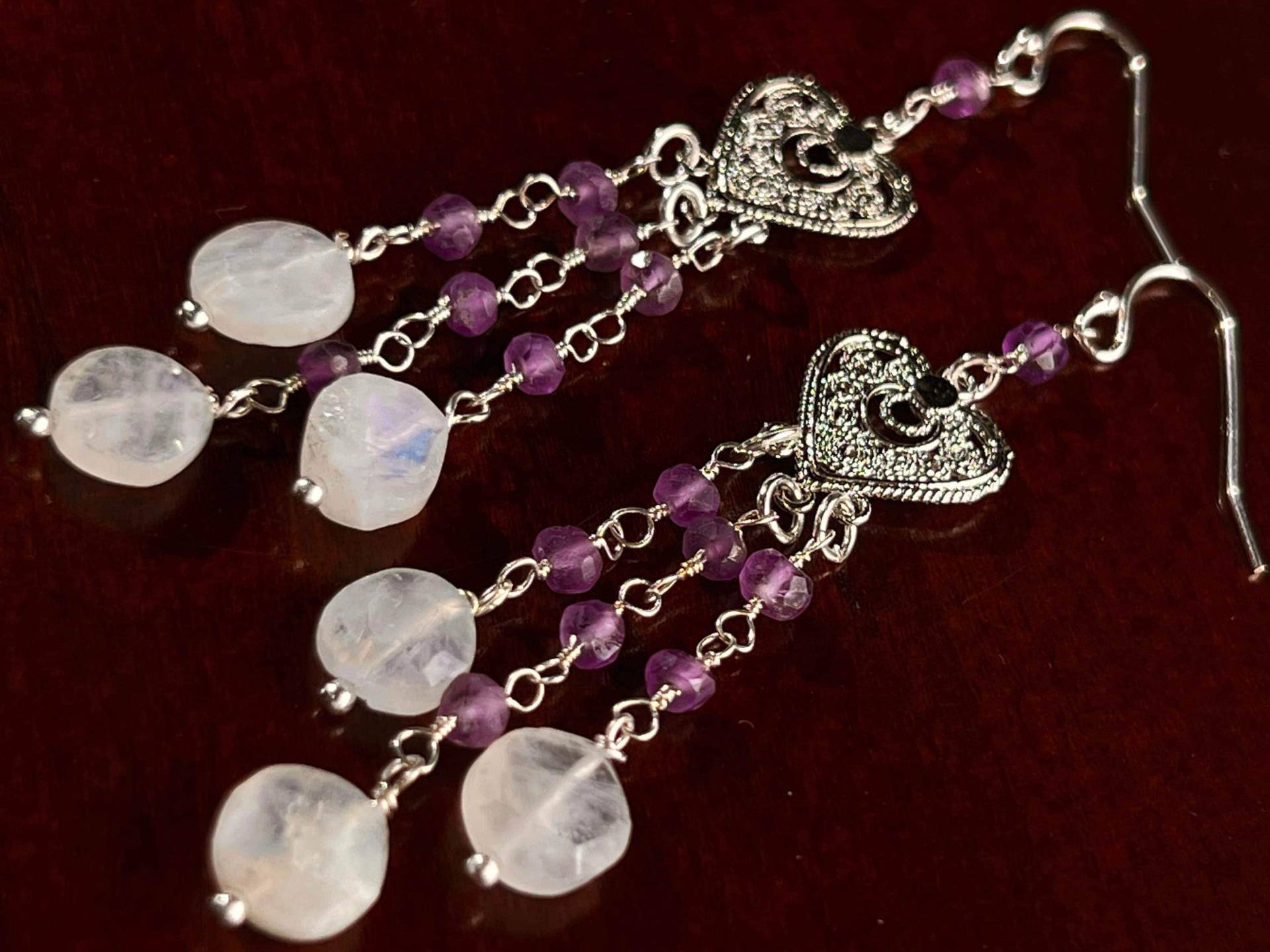 Natürlicher Mondstein Baumeln Mit Natürlichem Amethyst Filigranen Kronleuchter Wire Wrapped 925 Sterling Silber Ohrringe, Handgefertigtes Geschenk von JewelsbyOppy