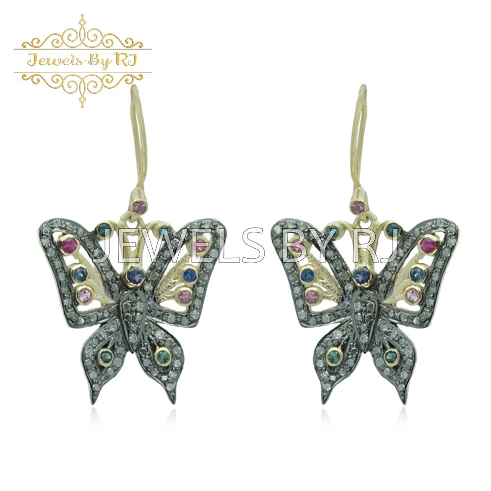 Diamant & Turmalin Schmetterling Ohrringe, Silber Und Vergoldete Ohrringe von JewelsbyRJ