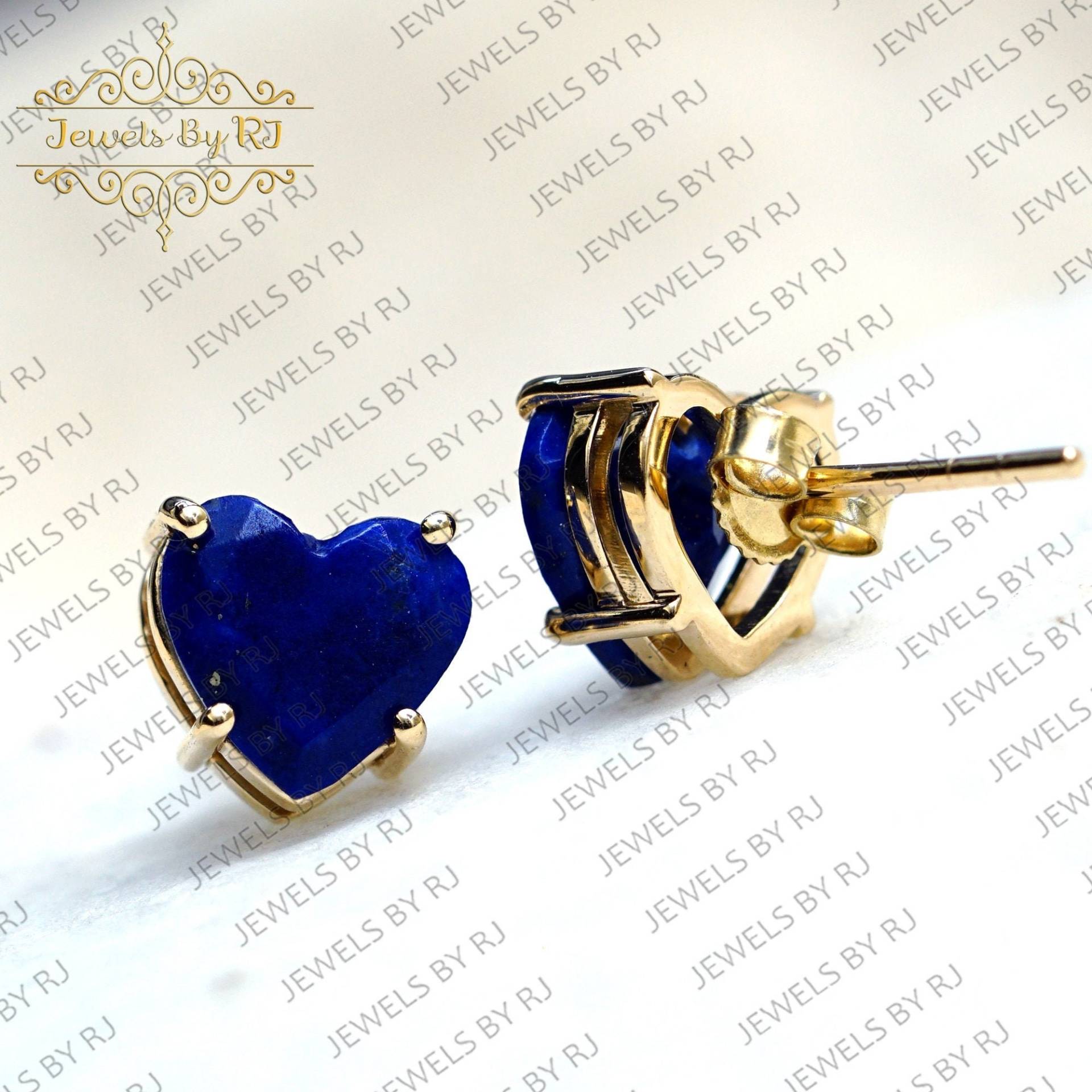 Lapislazuli 14K Gold Ohrstecker, Gelbgold Herz Lapis Edelstein Ohrstecker von JewelsbyRJ