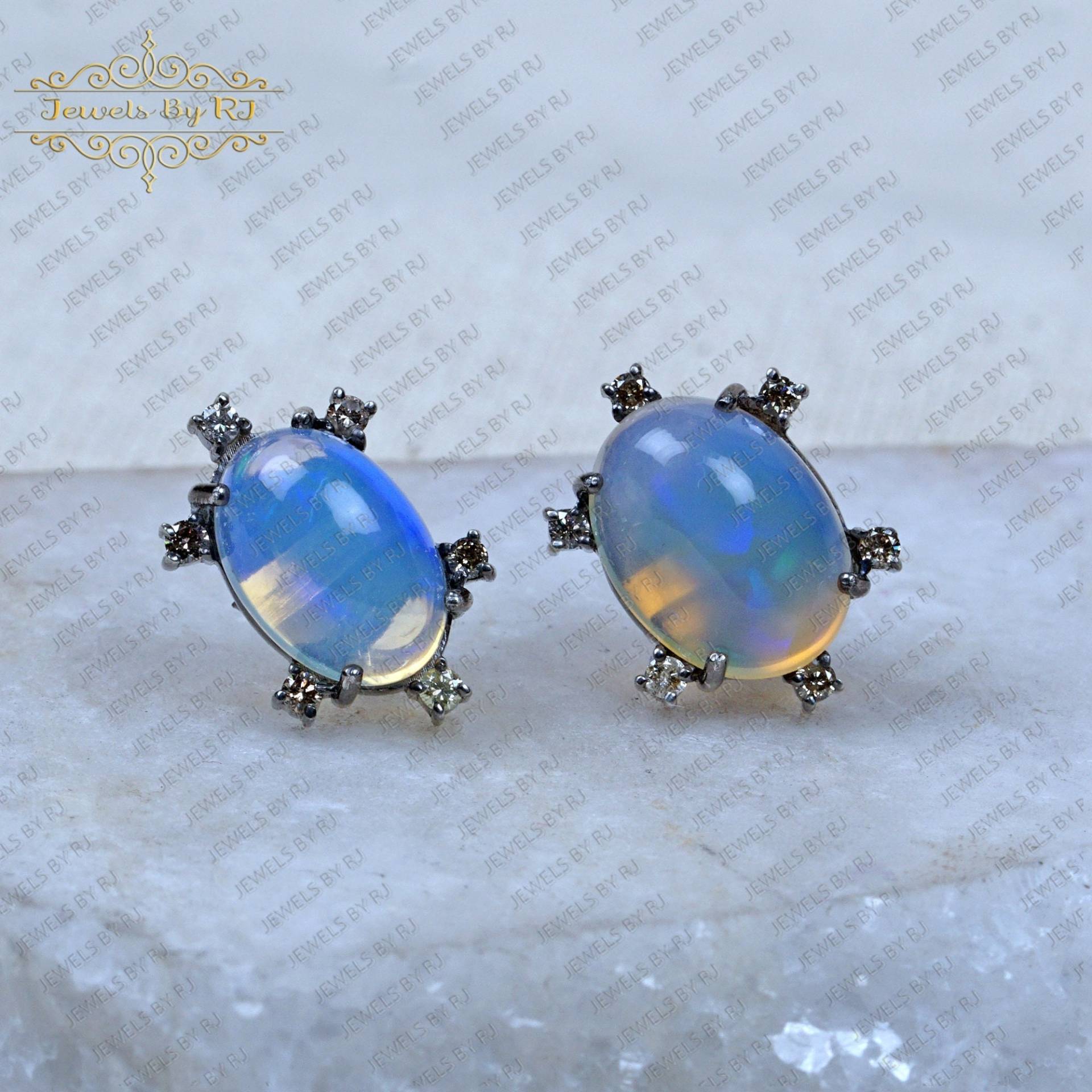 Opal Edelstein Mit Doppelschliff Diamant Ohrstecker, 925 Silber & 14K Goldohrstecker, Und Ohrstecker von JewelsbyRJ