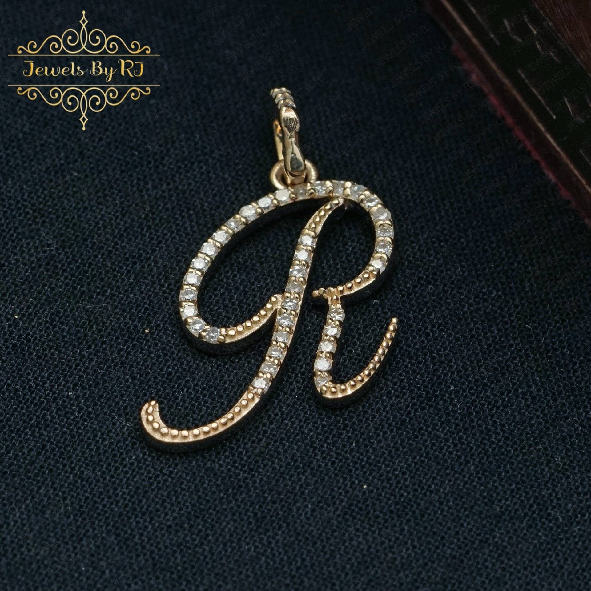 Pave Diamant Anhänger, 14K Massive Gold Initial Gelbgold R Anhänger von JewelsbyRJ