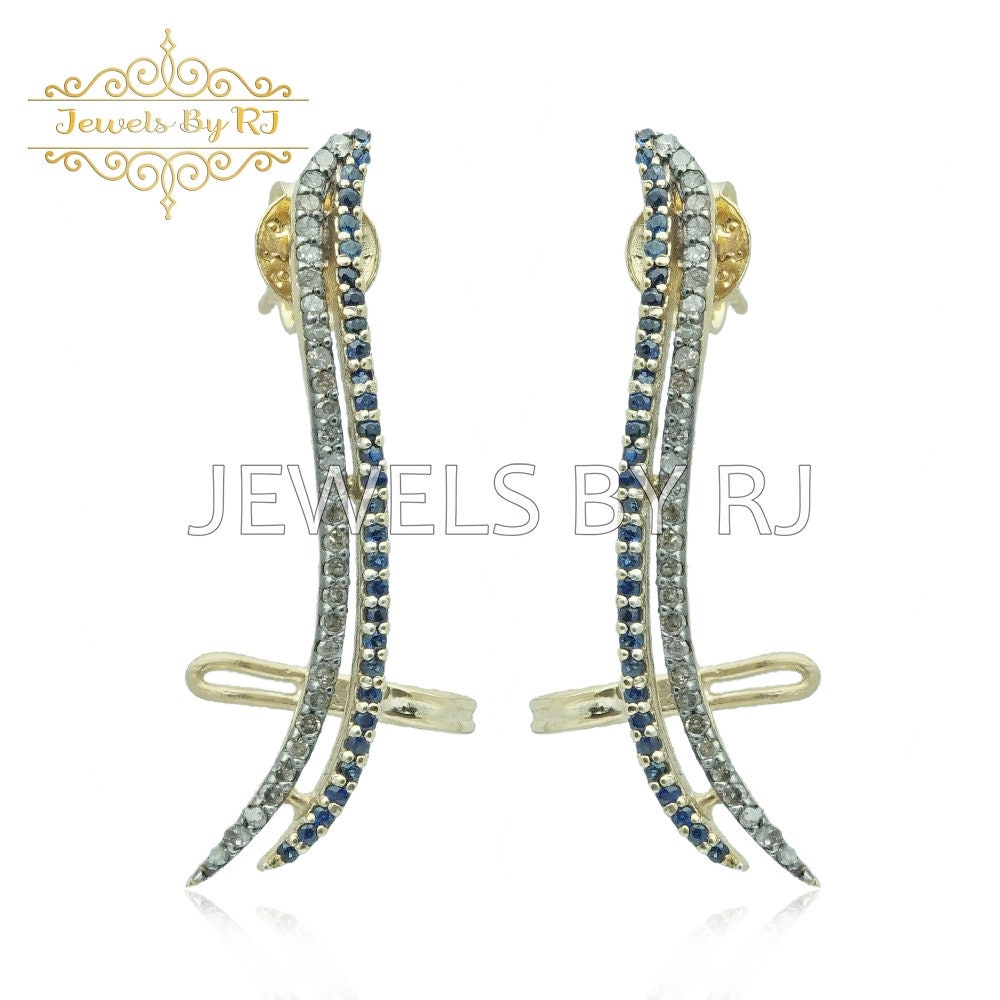 Pave Diamond Ear Cuff, & Blue Sapphire Cuff Schmuck, 925 Silber Vergoldet Diamant Und Blau Saphir Ohr Ohrringe von JewelsbyRJ