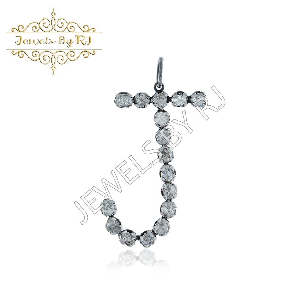 Polki Diamant J Initial Anhänger, 925 Silber Oxidiert Anhänger von JewelsbyRJ