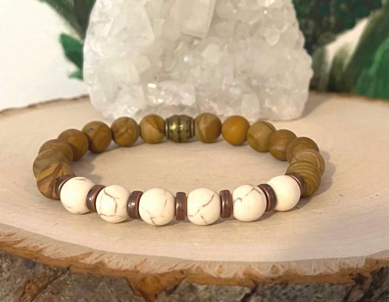 Creme Und Braun Armband Rustikal Erdig Geschenk Für Jungs, Herren Stretch Stein Damen Tan Perlen Stapeln Boho Schmuck Sie Ihn von Jewelsforhope