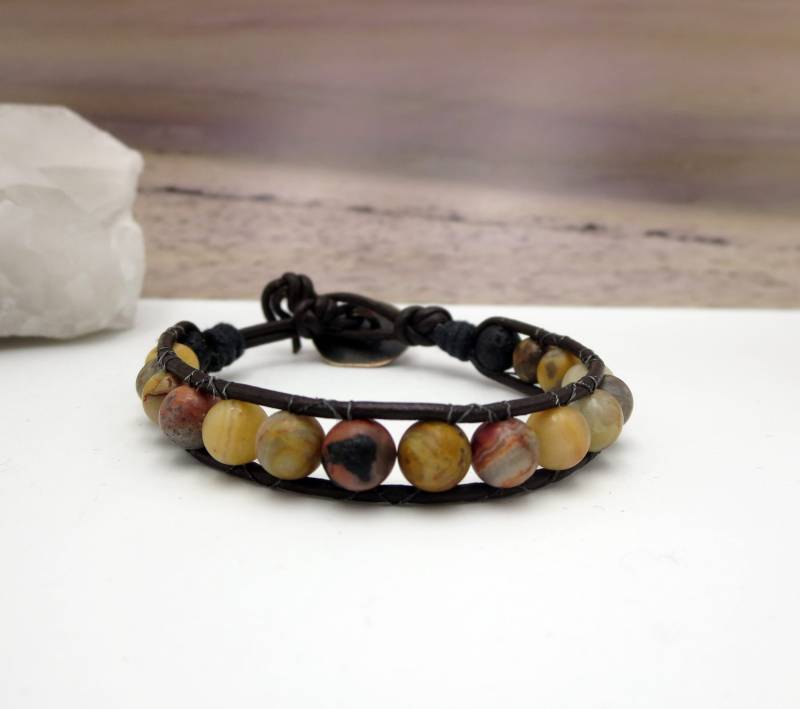 Orange, Gelb Und Braun Diffusor Armband Erdige Jungs Herren Damen Beruhigend Schmuck Stein Leder Wrap Boho Hippie Chic von Jewelsforhope