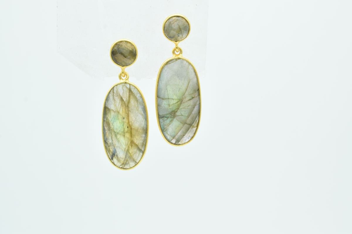 Labradorit Lange Ovale Ohrring, Doppelstein Baumeln Ohrringe, Vermeil Graue Edelstein Oval von Jewelsmilano